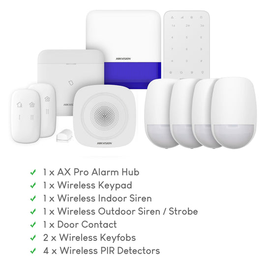 Hikvision AX Pro Package 3D with Alarm Hub, Keypad, Sounder, Alarm, PIR Detectors, Door Contact & Keyfobs